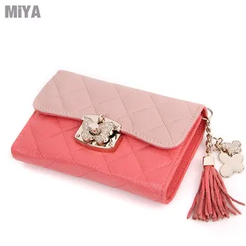 義大利真皮流蘇菱格紋女用皮夾長夾手拿包(牛皮) 粉紅桃玫紅淡藍黑色 歷史價格詳細信息