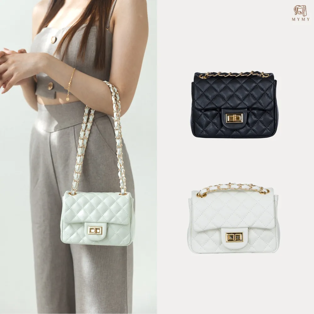 MYMY 菱格小箱包 淺米白(低調奢華/羊皮/小香風/菱格/側背/斜背) 歷史價格詳細信息