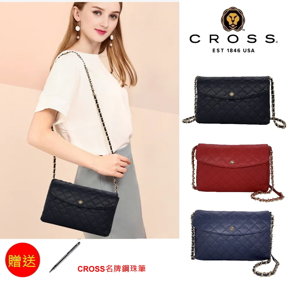 【CROSS】限量1折 頂級小牛皮菱格紋金鍊手提肩背包 全新專櫃展示品(黑色) 歷史價格詳細信息