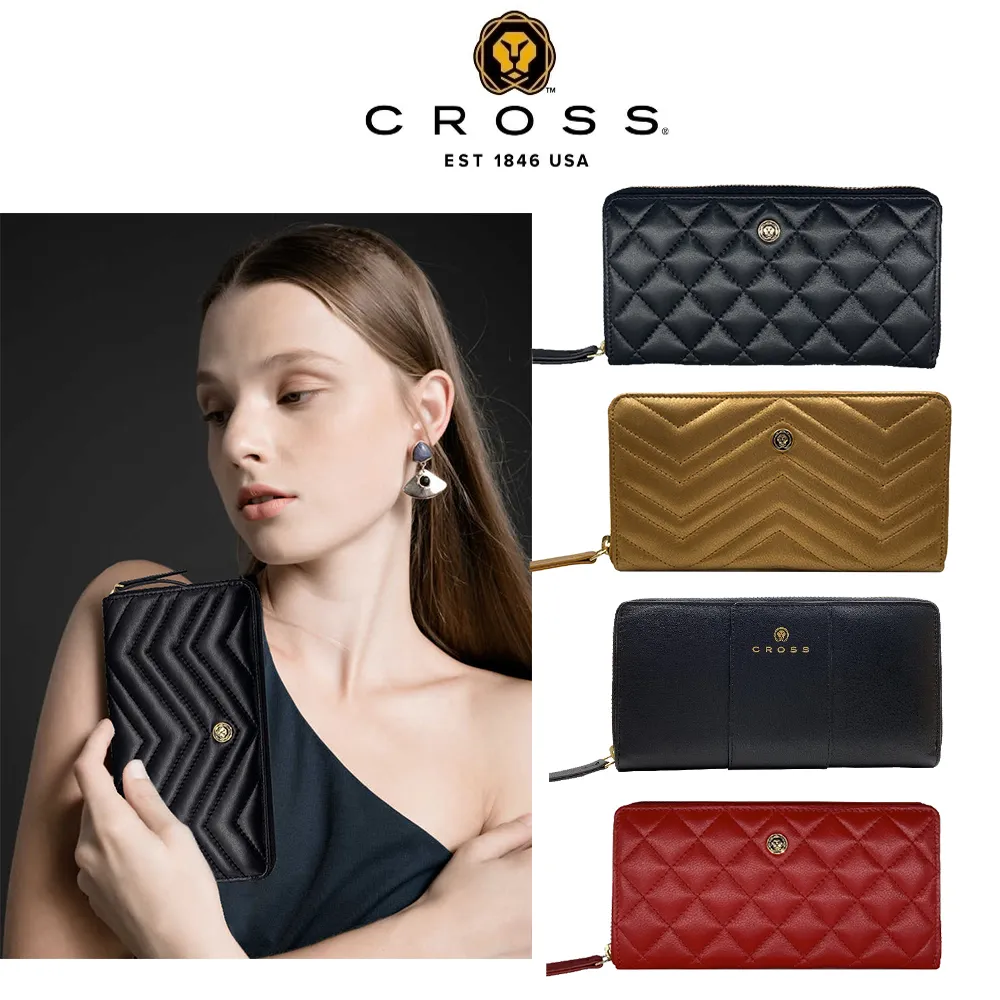 【CROSS】限量1折 頂級小牛皮山形紋拉鍊長皮夾 全新專櫃展示品 (金屬金) 歷史價格詳細信息