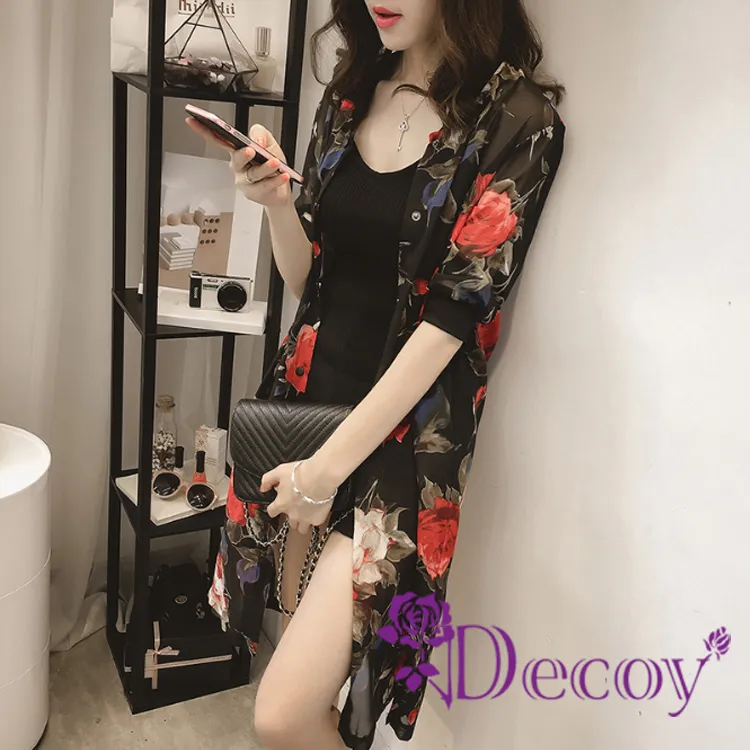 【Decoy】雪紡印花＊七分袖防曬輕薄罩衫外套/藍色海棠 歷史價格詳細信息