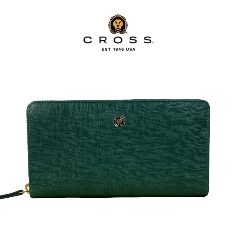 【CROSS】限量1折 頂級小牛皮十字紋拉鍊長夾 蘿拉系列 全新專櫃展示品(墨綠色) 歷史價格詳細信息