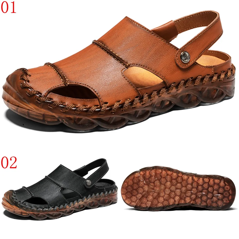 爸爸款涼鞋 頭層牛皮男士涼拖鞋真皮防臭休閑老年人夏季沙灘鞋男外穿爸爸涼鞋 歷史價格詳細信息