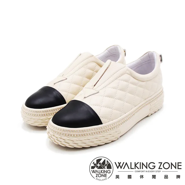 WALKING ZONE(女)格紋V口樂福厚底鞋 女鞋-米色(另有黑色) 歷史價格詳細信息