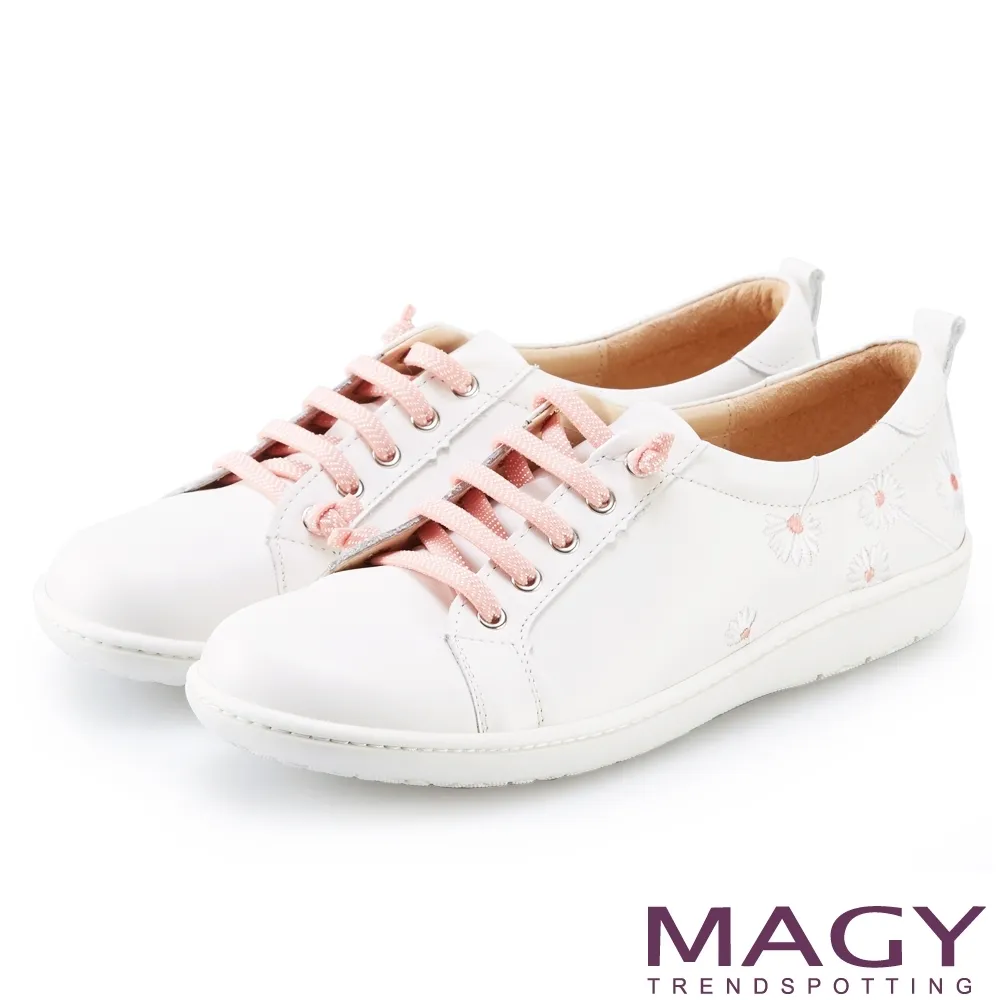 【MAGY】真皮刺繡花朵綁帶休閒鞋(白底黃花) 歷史價格詳細信息