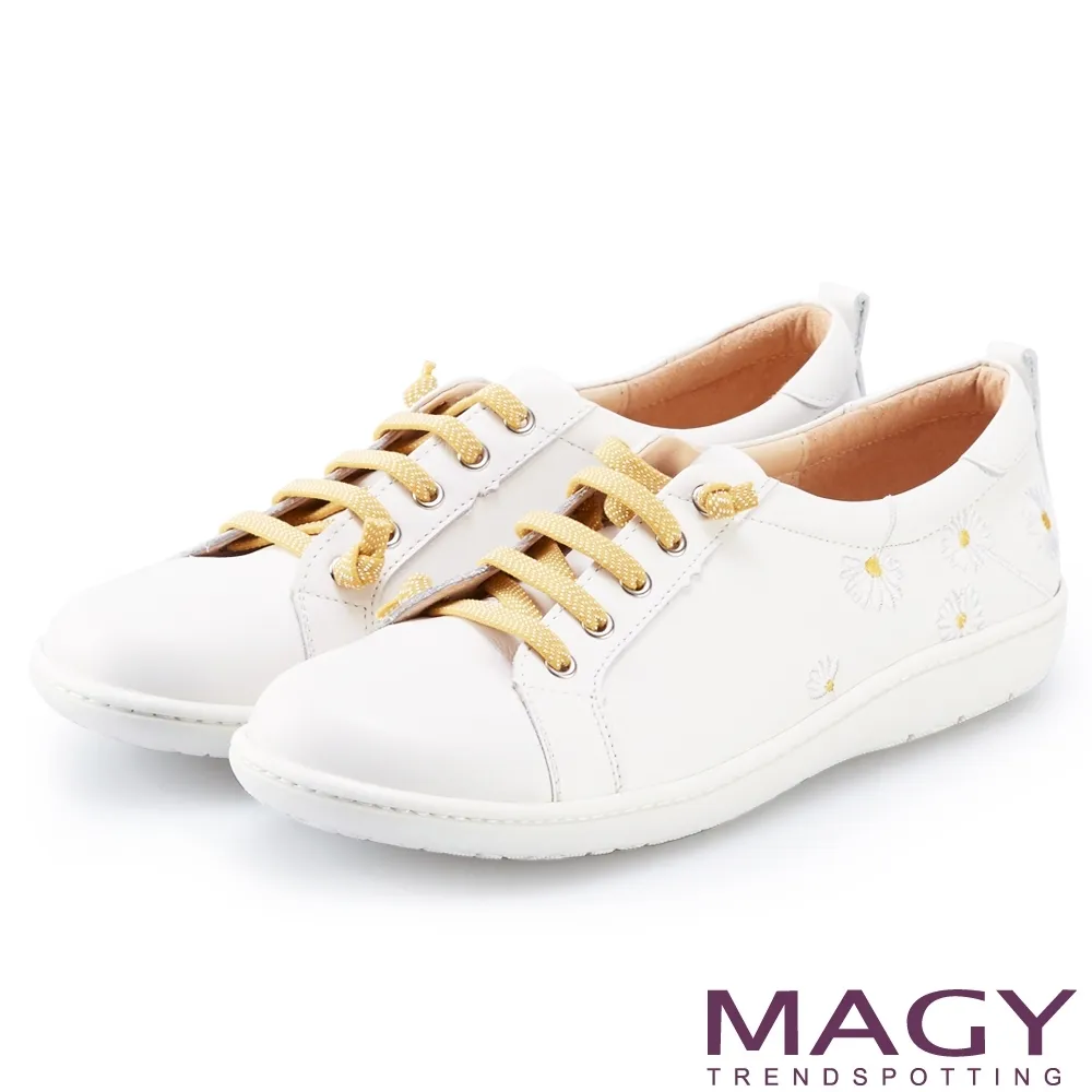 【MAGY】真皮刺繡花朵綁帶休閒鞋(白底黃花) 歷史價格詳細信息