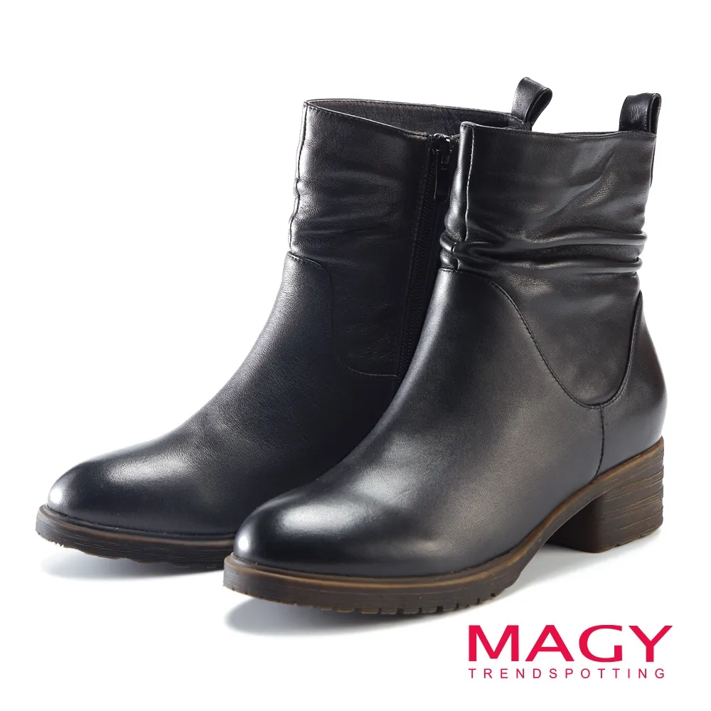 【MAGY】真皮皺摺斜邊皮帶釦飾低跟 女 短靴(黑色) 歷史價格詳細信息