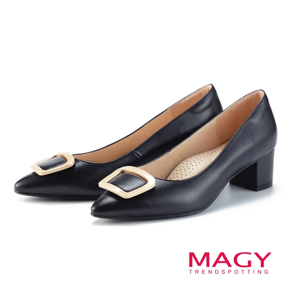 MAGY 方釦蝴蝶結牛皮尖頭低跟鞋 米色 歷史價格詳細信息