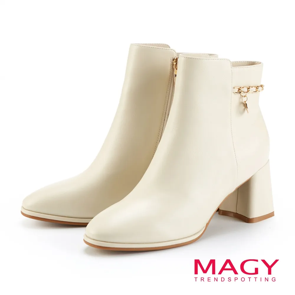 【MAGY】金屬鍊飾拉鍊真皮粗跟短靴(杏色) 歷史價格詳細信息