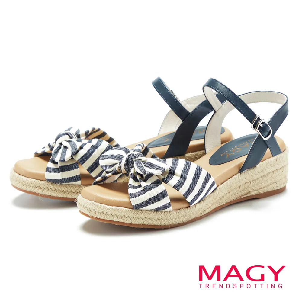 MAGY 條紋布面扭結拼接牛皮編織楔型 女 涼鞋 藍色 歷史價格詳細信息