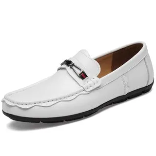 男鞋白色真皮樂福鞋男一腳蹬英倫板鞋潮流小白鞋套腳休閒鞋 歷史價格詳細信息