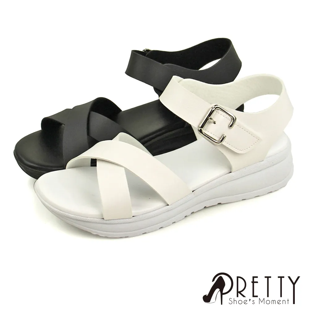 【Pretty】台灣製簡約交叉金屬扣沾黏帶厚底涼鞋BA-2B020 歷史價格詳細信息