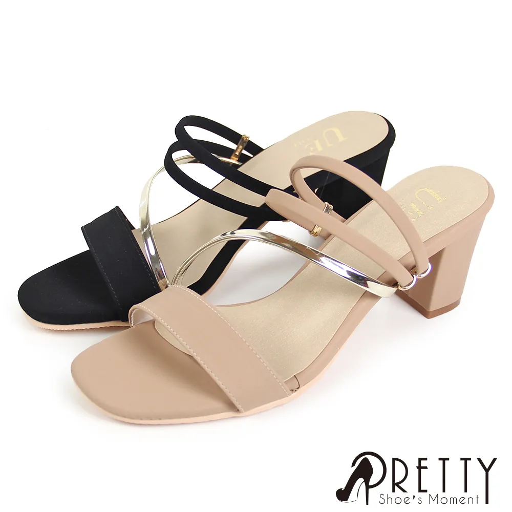 【Pretty】一字帶仿金屬斜線粗跟涼拖鞋BA-2E605 歷史價格詳細信息