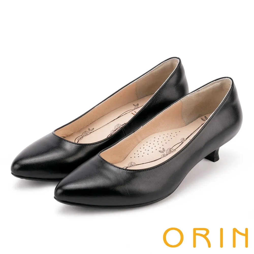 ORIN 素面金屬跟尖頭牛皮低跟鞋 黑色 歷史價格詳細信息
