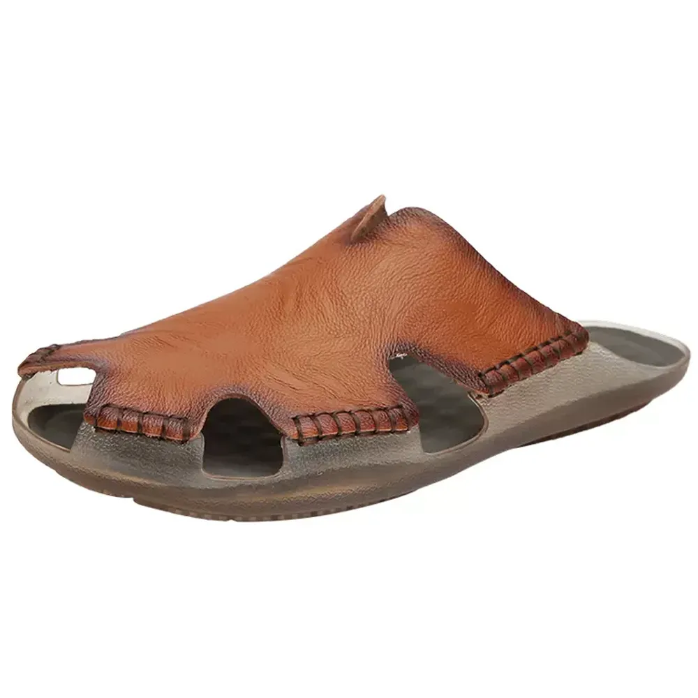 涼鞋 洞洞鞋 【真皮牛皮】貴賓花花夏季白色沙灘鞋透氣真皮休閑包頭皮涼鞋男潮 歷史價格詳細信息