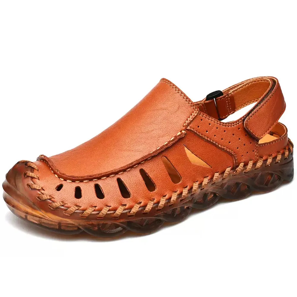 大友SAZ089口二色涼鞋男真皮透氣男士包頭沙灘鞋男開車外穿牛筋底鞋子杰恆 歷史價格詳細信息