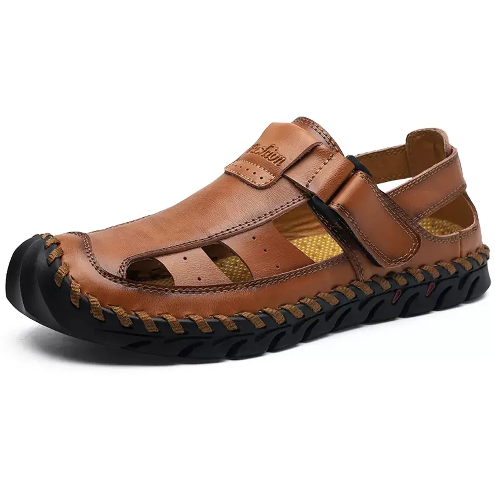 爸爸款涼鞋 頭層牛皮男士涼拖鞋真皮防臭休閑老年人夏季沙灘鞋男外穿爸爸涼鞋 歷史價格詳細信息