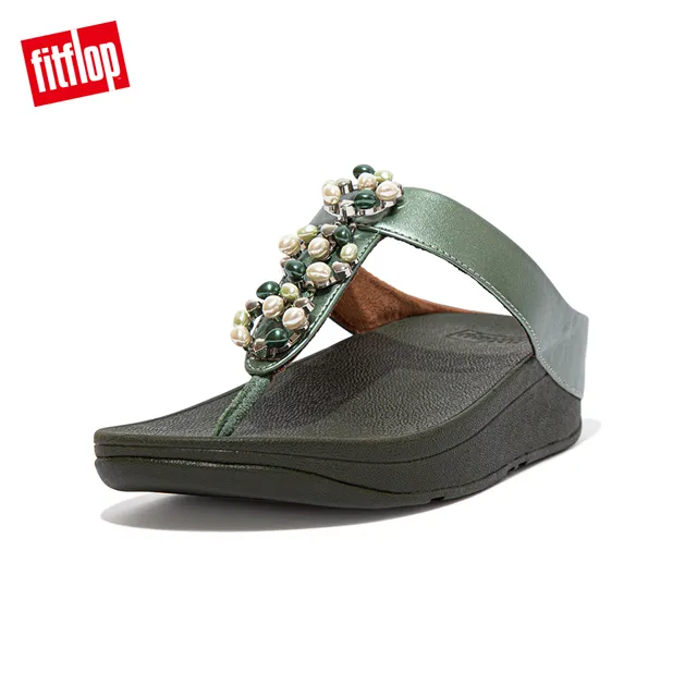 【FitFlop】FINO PEARL-CHAIN TOE-POST SANDALS立體珠飾花圈設計夾腳涼鞋−女(海灣綠 歷史價格詳細信息