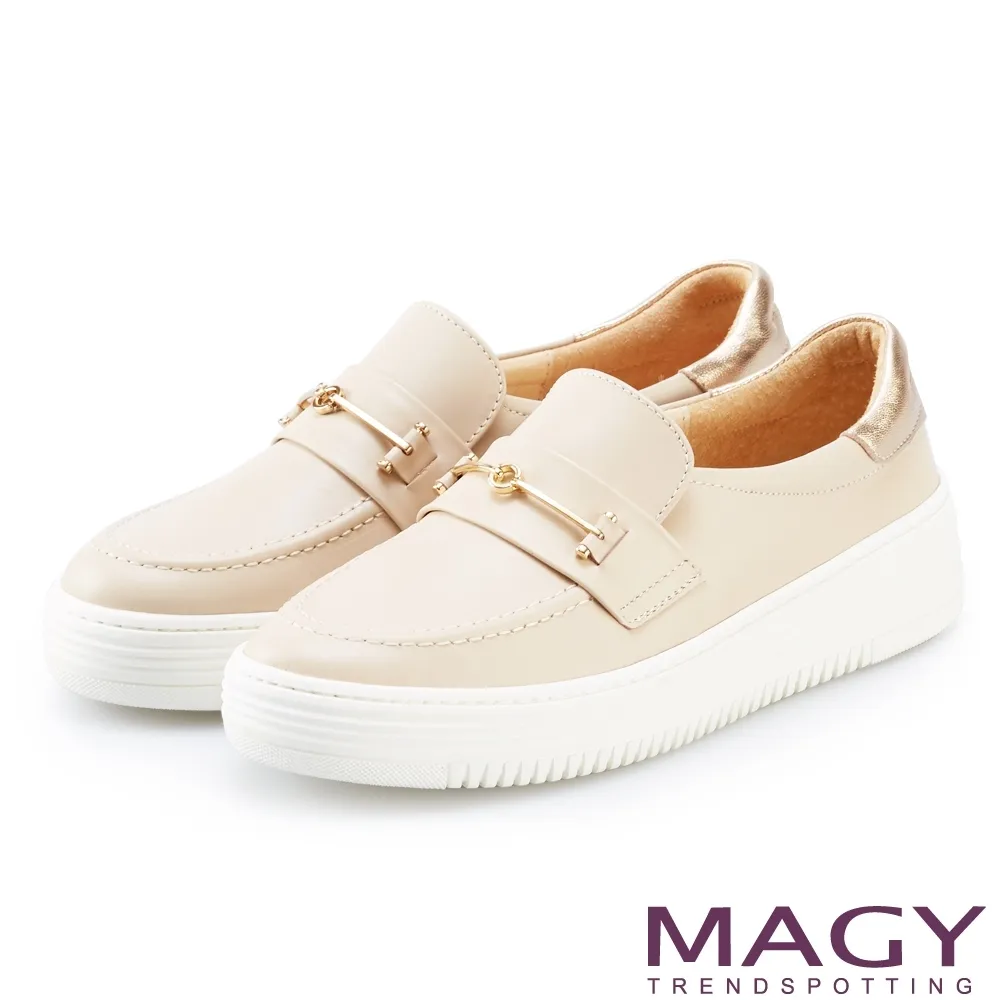 【MAGY】雙皮革金屬飾條厚底休閒鞋(杏色) 歷史價格詳細信息