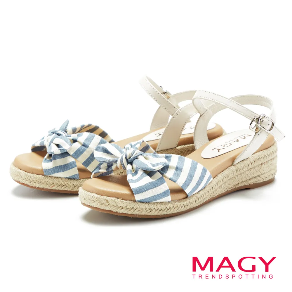 MAGY 條紋布面扭結拼接牛皮編織楔型 女 涼鞋 藍色 歷史價格詳細信息
