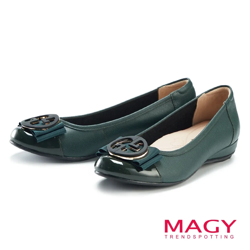 MAGY 蝴蝶結圓牌五金真皮低跟鞋 藍色 歷史價格詳細信息