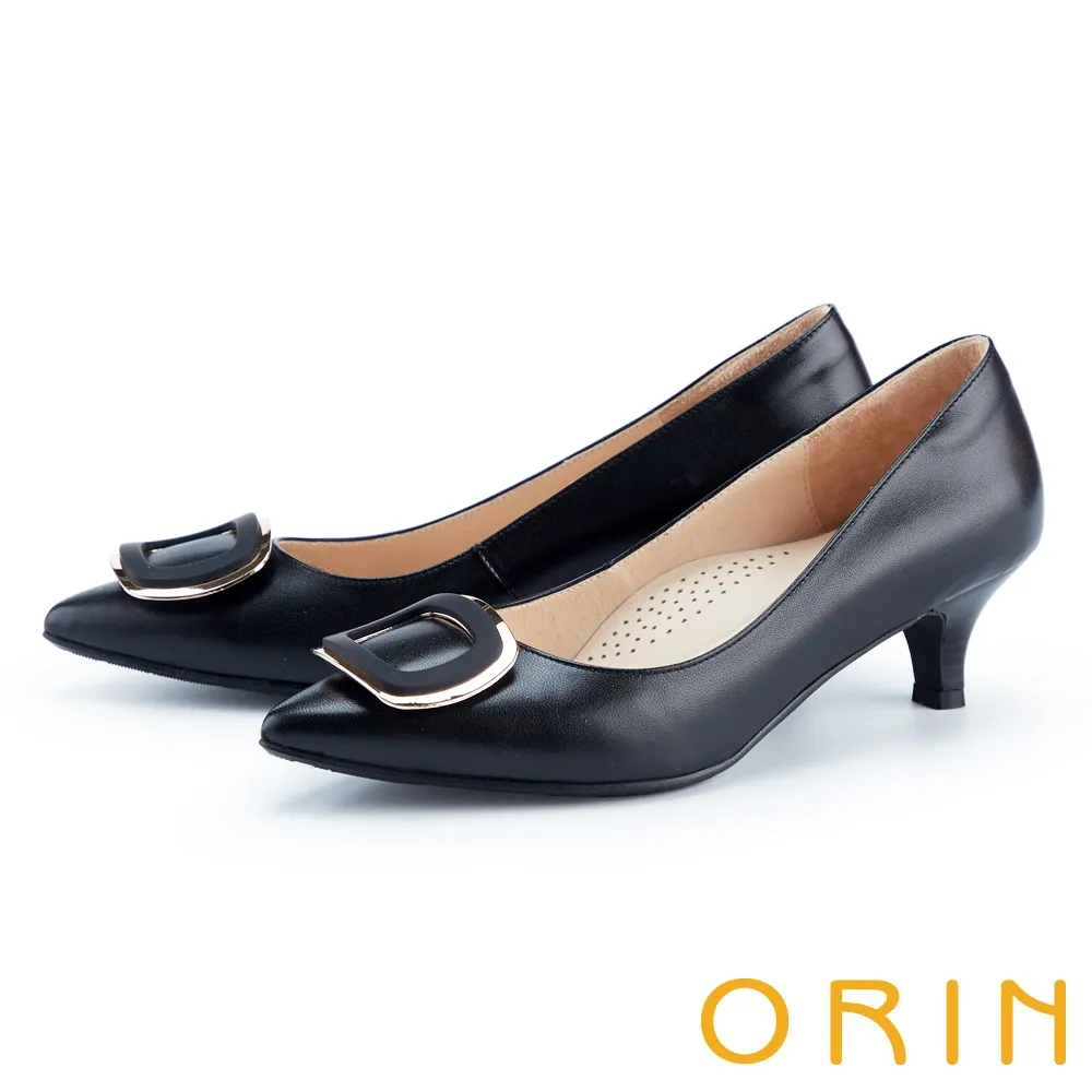 ORIN 金屬飾釦真皮鬆緊帶尖頭平底鞋 黑色 歷史價格詳細信息