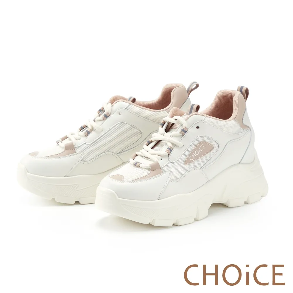 CHOiCE 牛皮拼接網布綁帶厚底休閒鞋 白色 歷史價格詳細信息