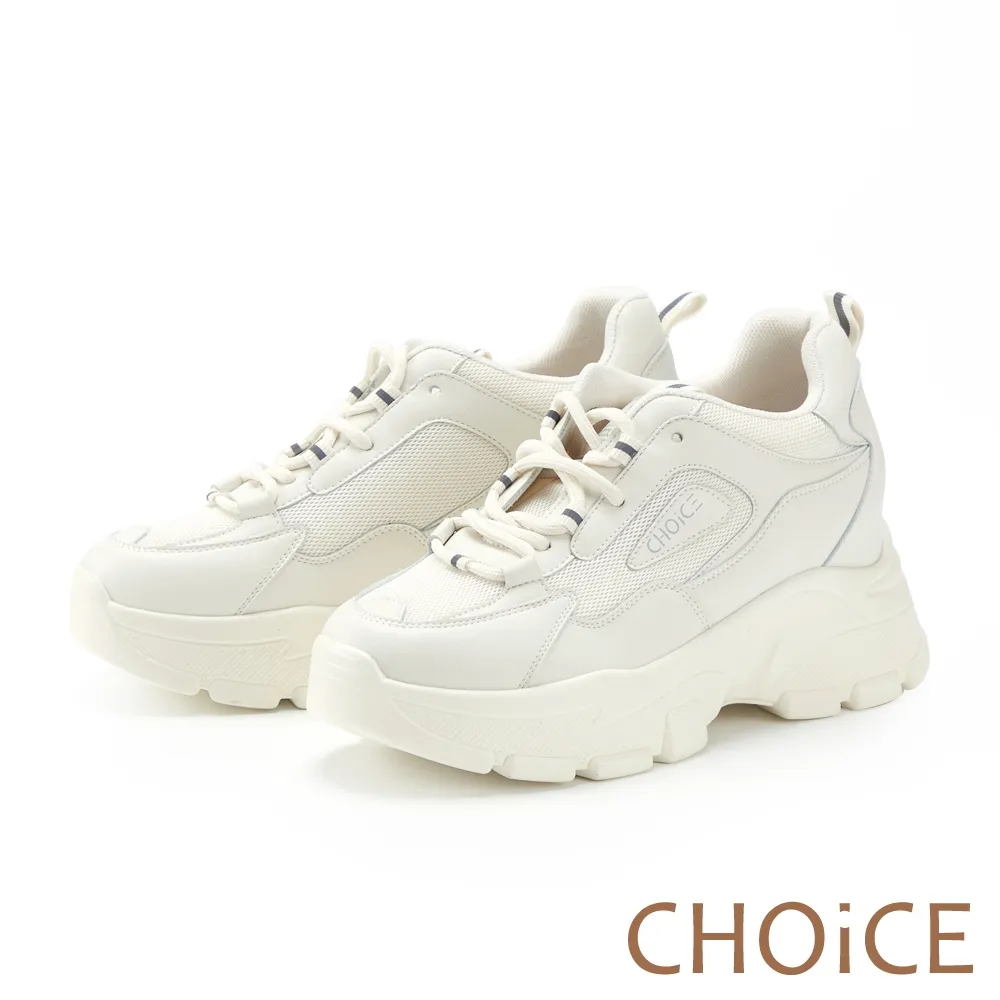 CHOiCE 牛皮拼接網布綁帶厚底休閒鞋 白色 歷史價格詳細信息