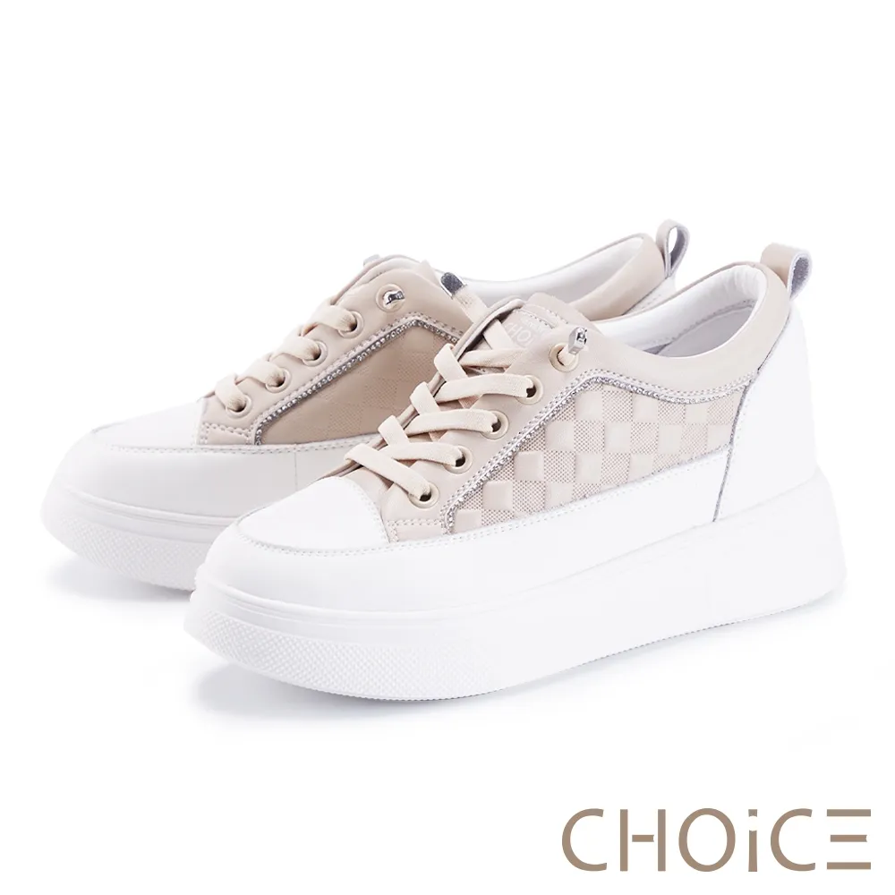 【CHOiCE】真皮鑽飾棋盤格免綁帶厚底休閒鞋(米白) 歷史價格詳細信息