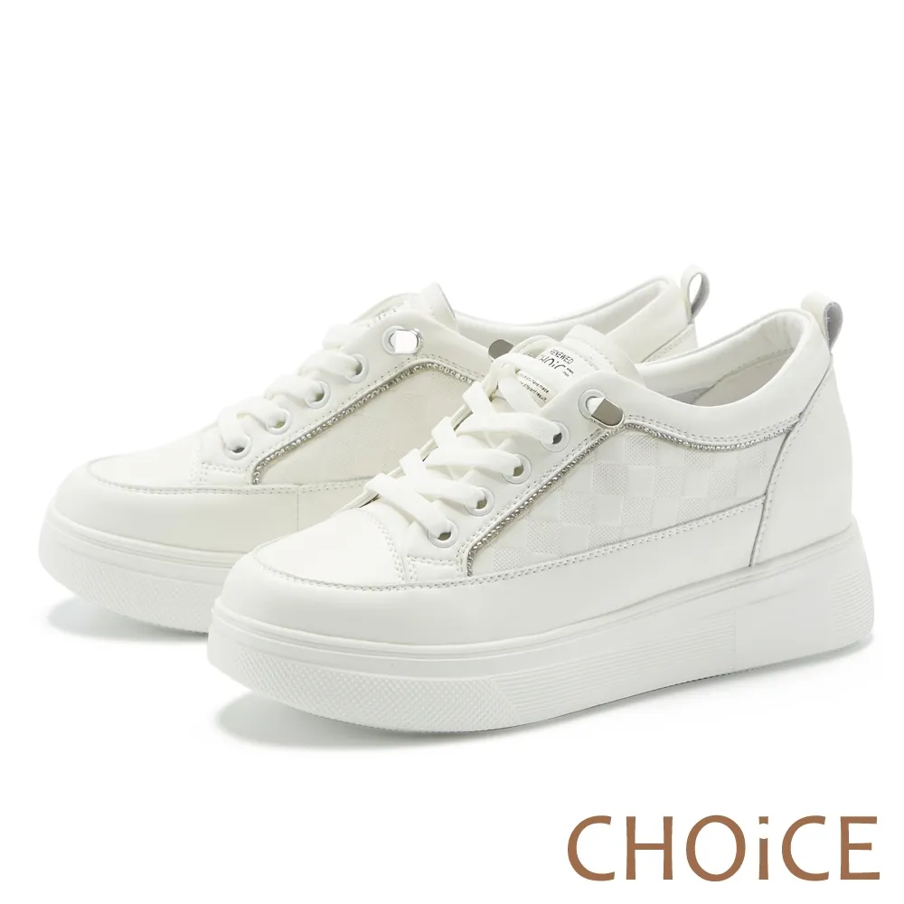 【CHOiCE】真皮鑽飾棋盤格免綁帶厚底休閒鞋(米白) 歷史價格詳細信息