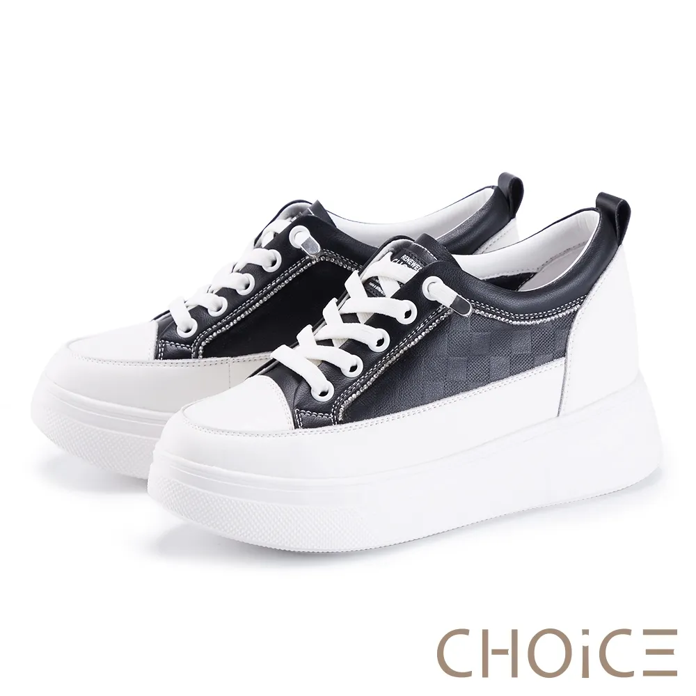【CHOiCE】真皮鑽飾棋盤格免綁帶厚底休閒鞋(米白) 歷史價格詳細信息