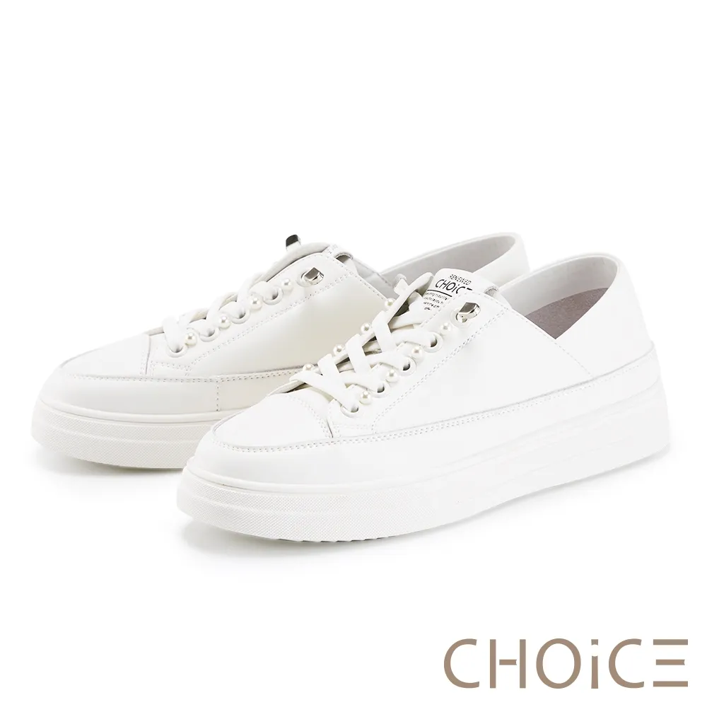 【CHOiCE】真皮免綁帶珍珠兩穿厚底休閒鞋(米白) 歷史價格詳細信息