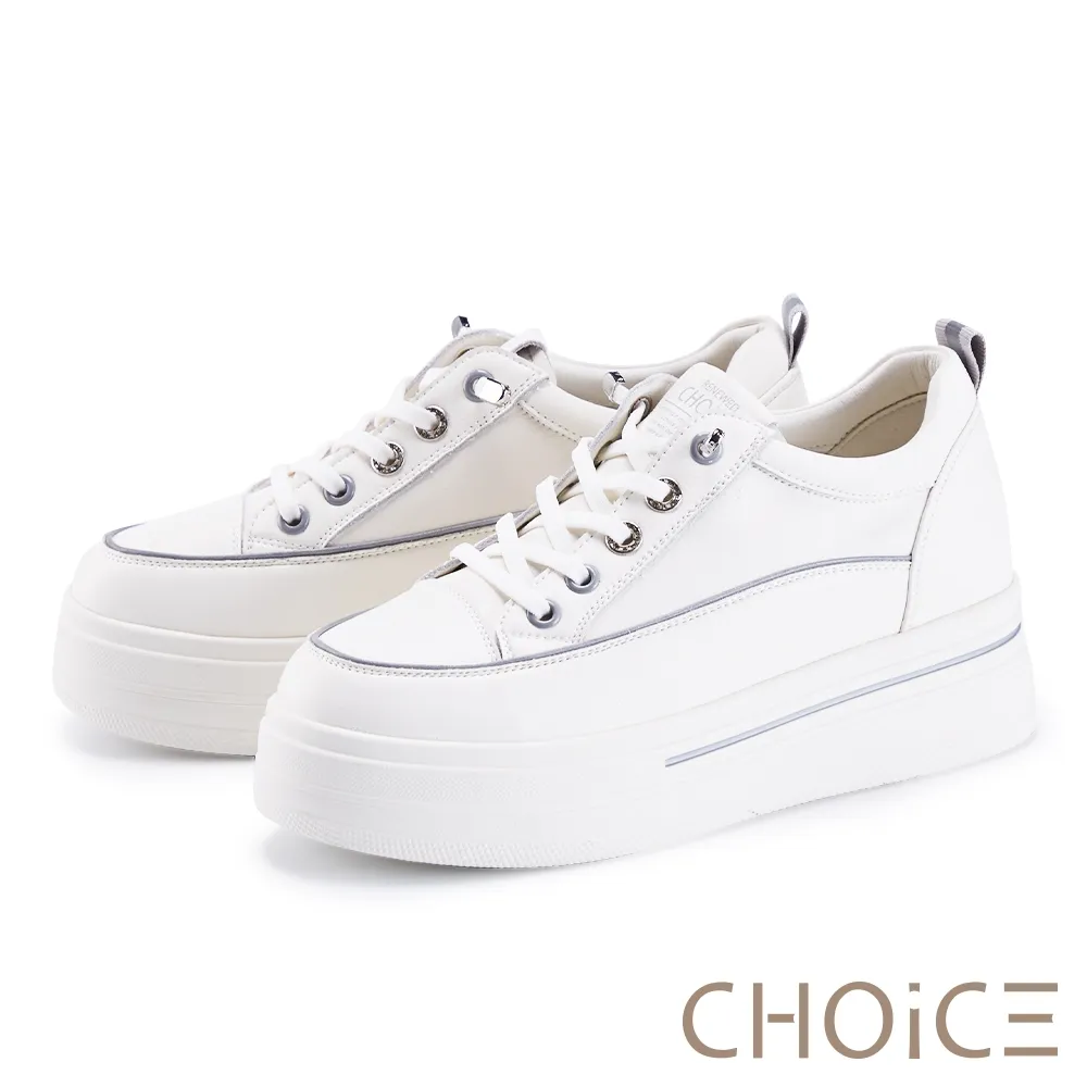 【CHOiCE】流線綁帶真皮平底休閒鞋(白滾藍邊) 歷史價格詳細信息