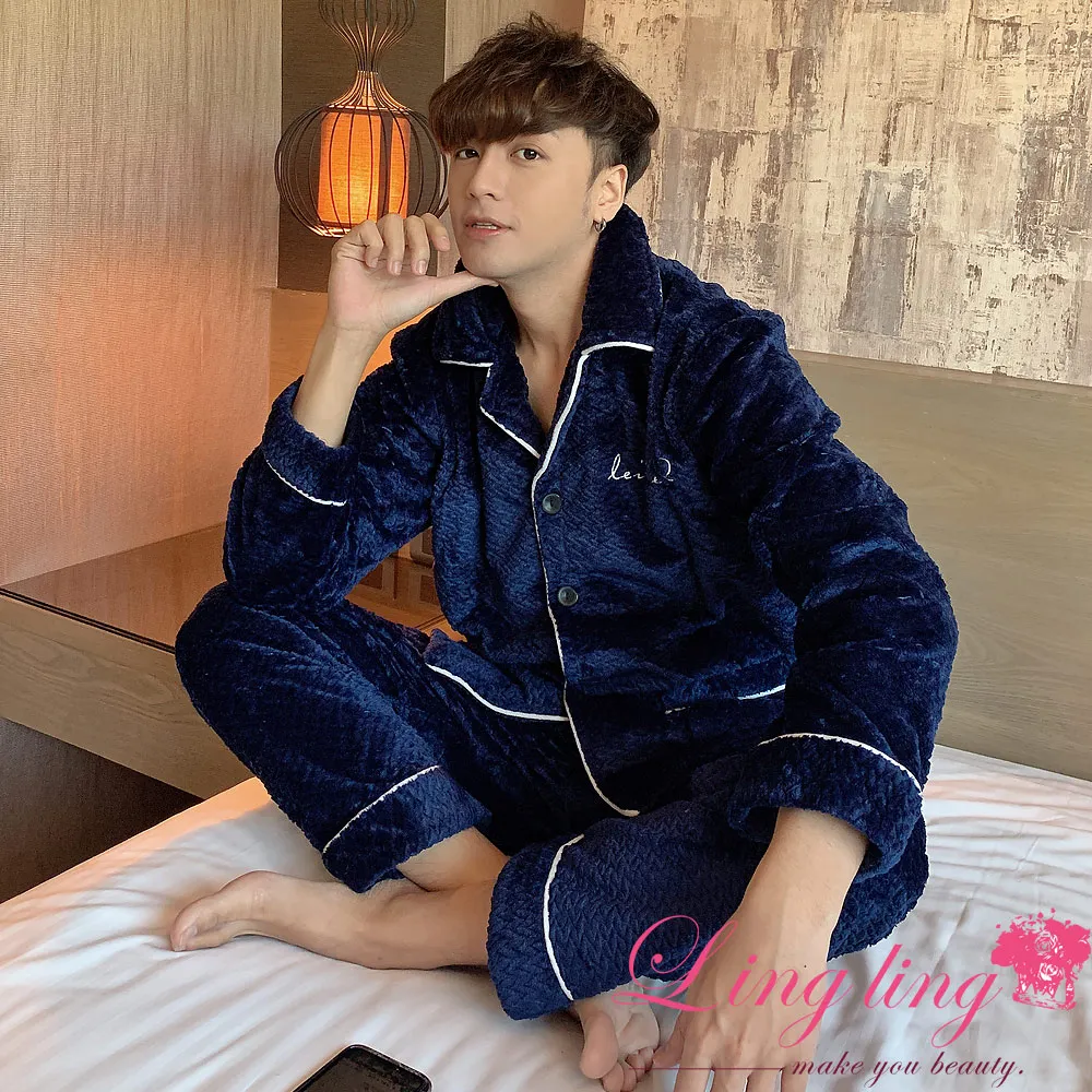lingling A4366-01=02大尺碼-男款-厚實壓曲紋口袋襯衫式水貂絨長袖睡衣+長褲(二件式男睡衣組)(深度藍) 歷史價格詳細信息