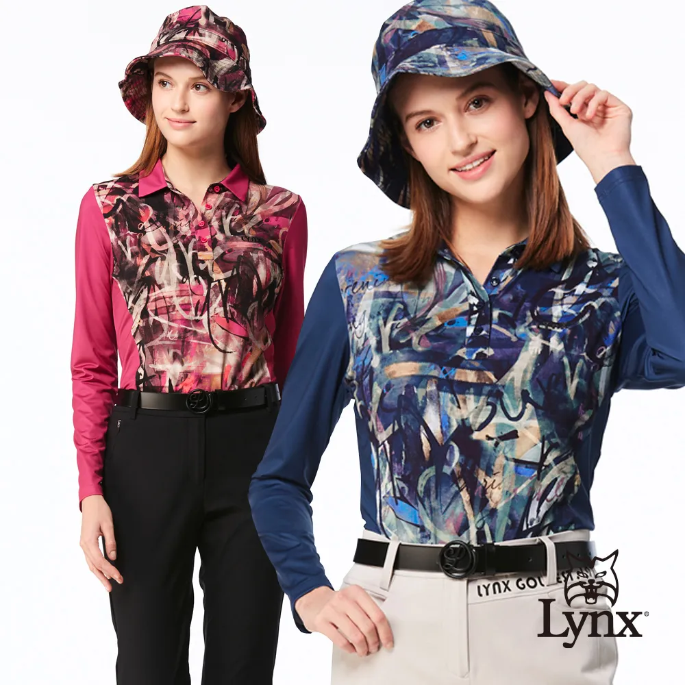 【Lynx Golf】女款歐洲進口布料滿版花布印花剪接織帶造型長袖立領POLO衫-湖藍色 歷史價格詳細信息