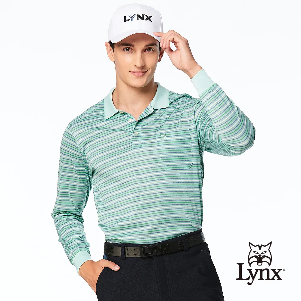 【Lynx Golf】男款歐洲進口布料純棉絲光藍綠白條紋紋路胸袋款長袖POLO衫-綠色 歷史價格詳細信息