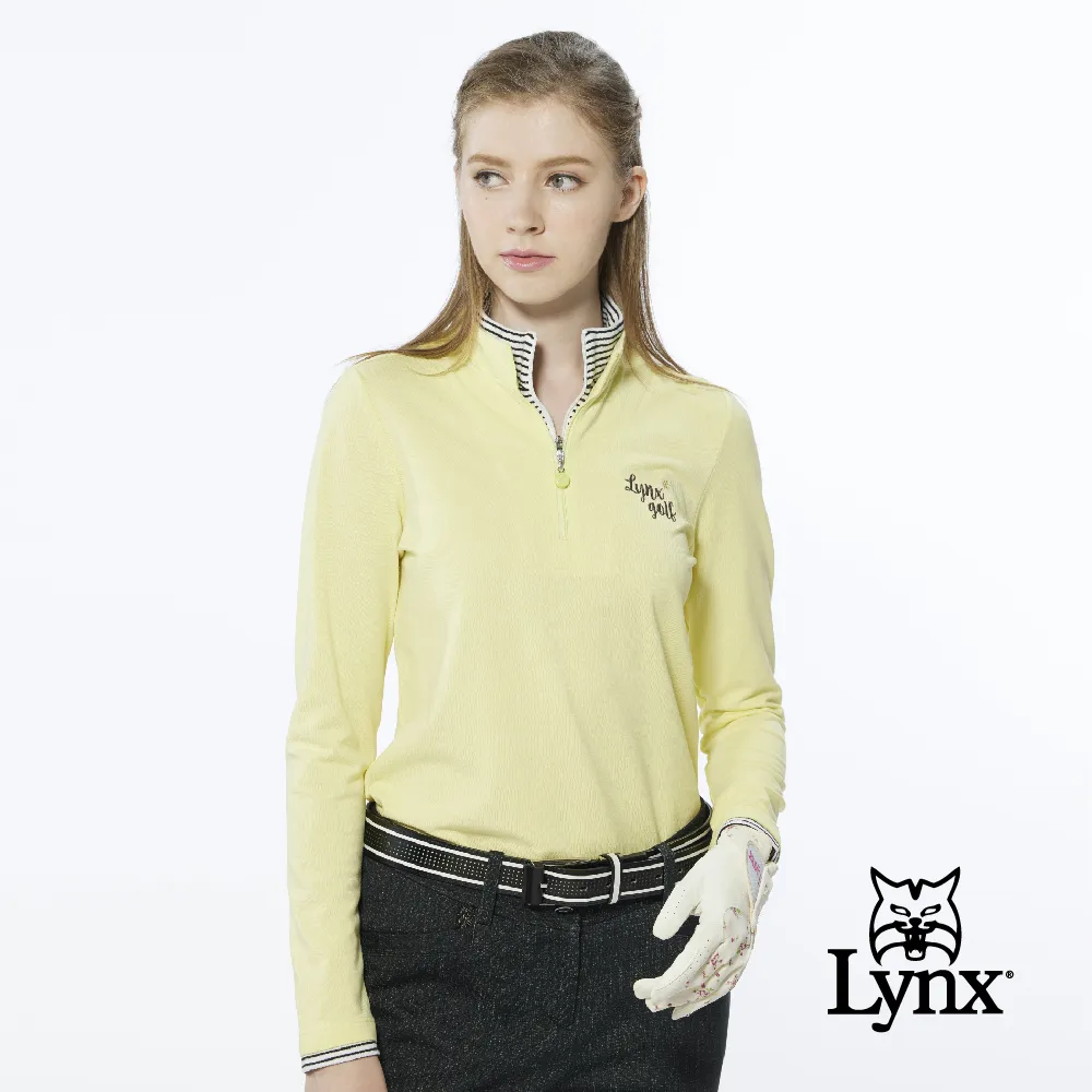 【Lynx Golf】女款假兩件設計內刷毛網眼材質Lynx字樣繡花長袖立領POLO衫/高爾夫球衫(黃色) 歷史價格詳細信息