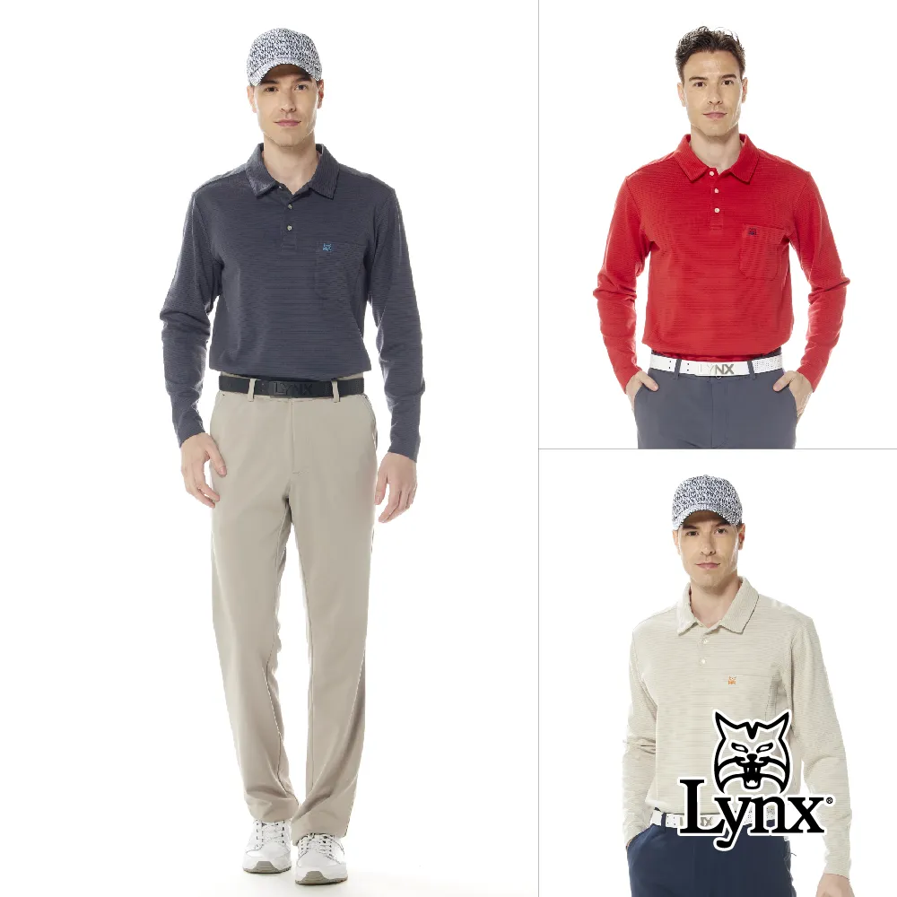 【Lynx Golf】男款雙面組織吸排抗UV壓光山貓印花隱形拉鍊胸袋款長袖立領POLO衫(二色) 歷史價格詳細信息