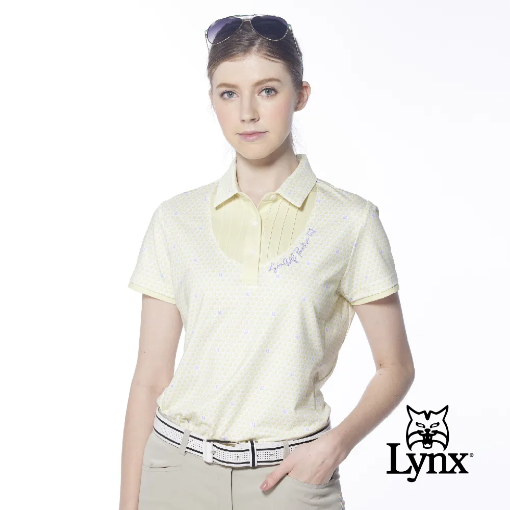 【Lynx Golf】女款吸濕排汗滿版創意線條組合Lynx字樣印花長袖立領POLO衫/高爾夫球衫-藍綠色 歷史價格詳細信息