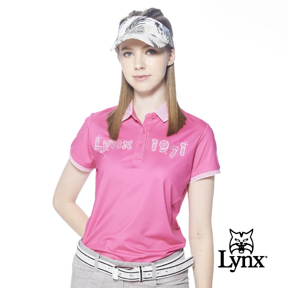 【Lynx Golf】女款吸溼排汗半身斜紋印花兩袖織帶設計短袖立領POLO衫/高爾夫球衫(粉紅色) 歷史價格詳細信息