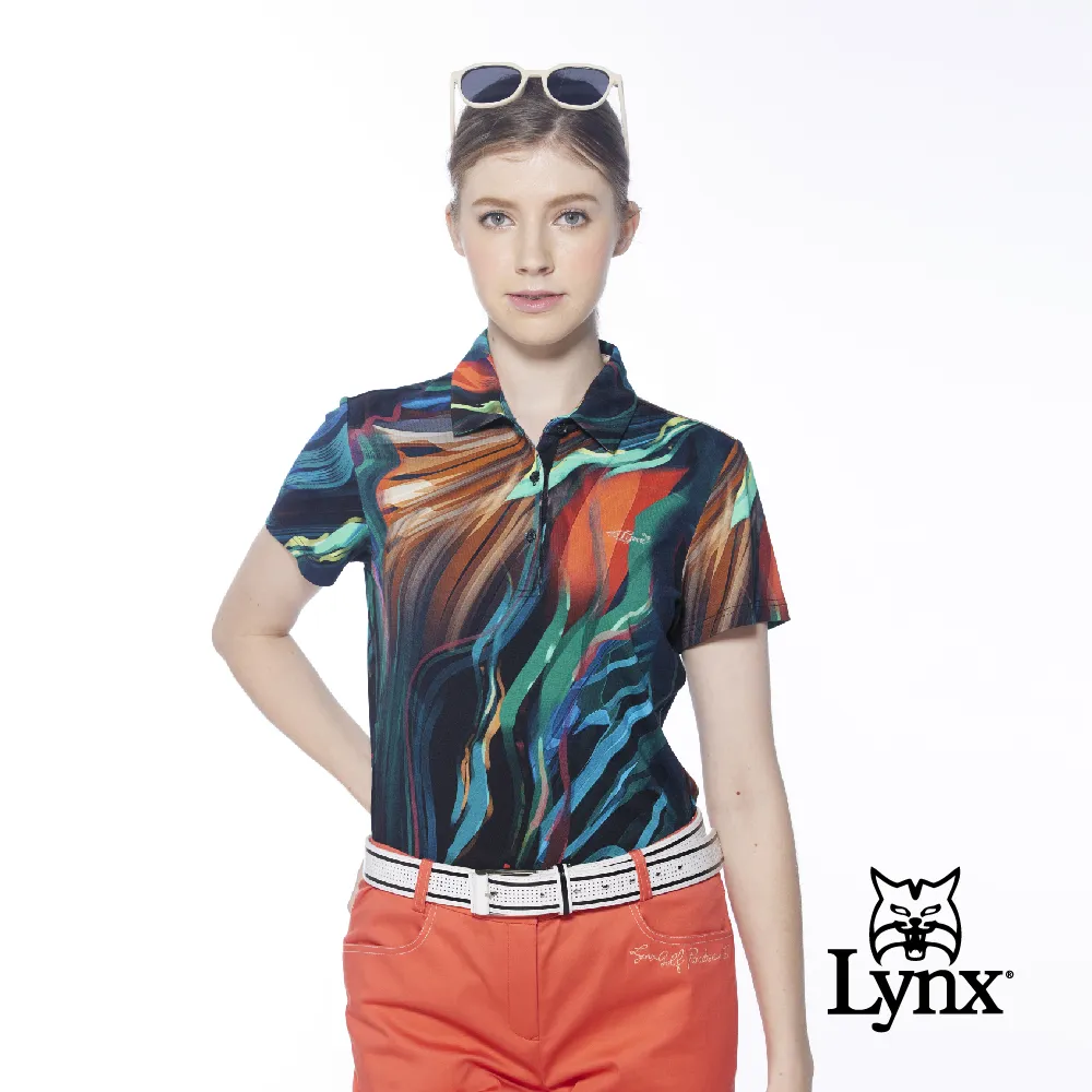 【Lynx Golf】女款歐洲進口布料滿版花布印花剪接織帶造型長袖立領POLO衫-湖藍色 歷史價格詳細信息