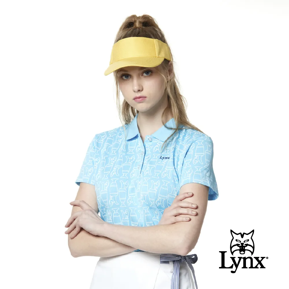 【Lynx Golf】女款吸濕排汗滿版創意線條組合Lynx字樣印花長袖立領POLO衫/高爾夫球衫-藍綠色 歷史價格詳細信息