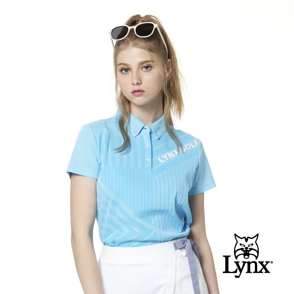 【Lynx Golf】女款吸濕排汗羅紋領滿版獎盃圖樣印花短袖POLO衫-淺藍色 歷史價格詳細信息
