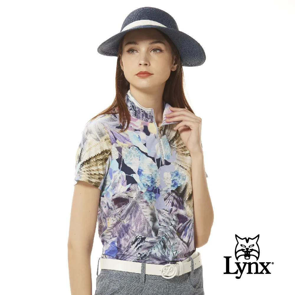 【Lynx Golf】女款歐洲進口布料滿版花布印花剪接織帶造型長袖立領POLO衫-湖藍色 歷史價格詳細信息