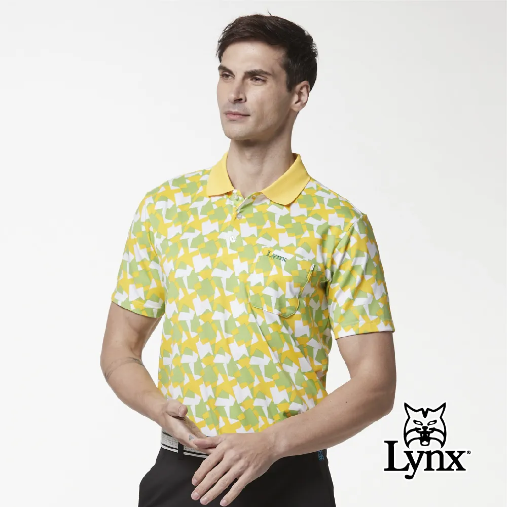【Lynx Golf】男款吸濕排汗羅紋領滿版大千鳥紋印花胸袋款短袖POLO衫(黃色) 歷史價格詳細信息