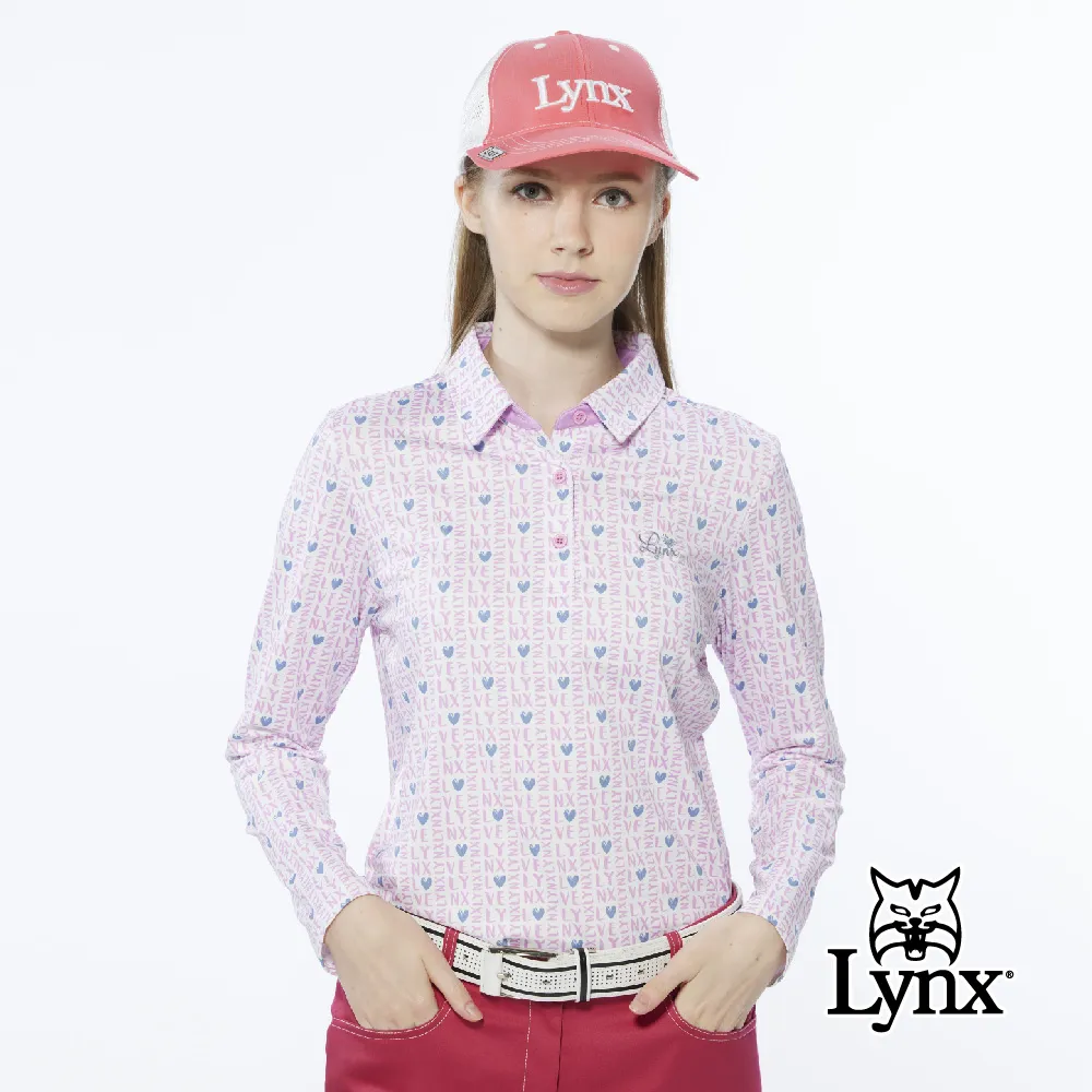 【Lynx Golf】女款吸濕排汗滿版創意線條組合Lynx字樣印花長袖立領POLO衫/高爾夫球衫-藍綠色 歷史價格詳細信息