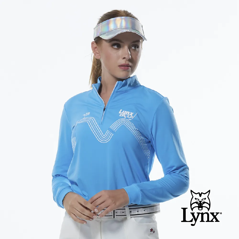 【Lynx Golf】女款吸濕排汗果嶺18洞球道印花立領長袖POLO衫-藍色 歷史價格詳細信息