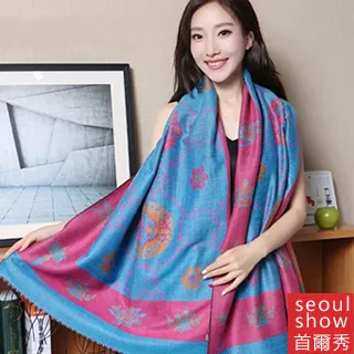 Seoul Show首爾秀 花映扶桑 60支紗100%純羊毛印花圍巾保暖披肩 歷史價格詳細信息