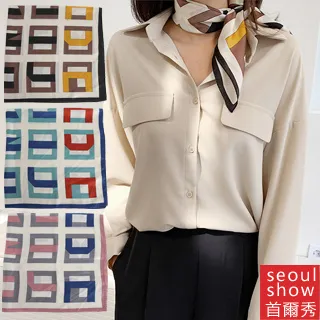 seoul show首爾秀 幾何拼色方巾仿蠶絲頭巾領巾雪紡圍巾仿真絲絲巾 歷史價格詳細信息