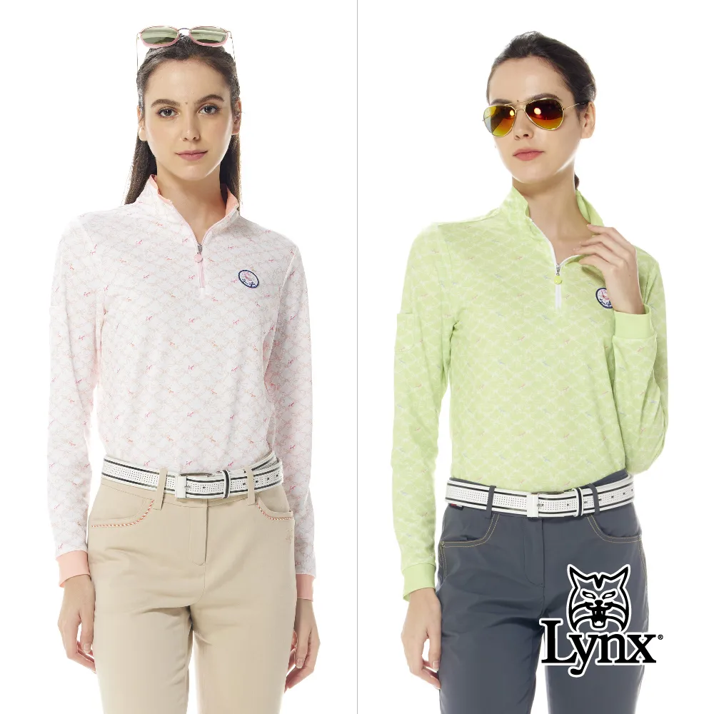 【Lynx Golf】女款吸溼排汗半身斜紋印花兩袖織帶設計短袖立領POLO衫/高爾夫球衫(粉紅色) 歷史價格詳細信息